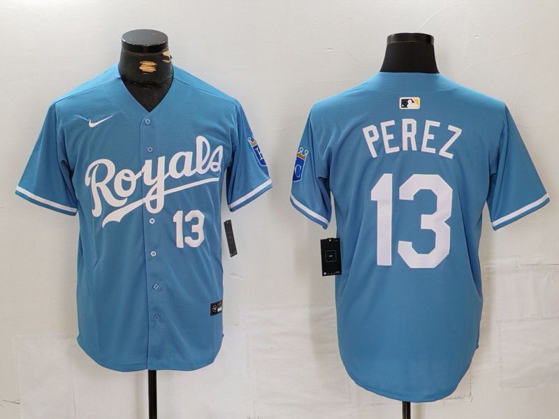 Men Kansas City Royals 13 Perez Blue Light Game 2024 Nike MLB Jersey style 2